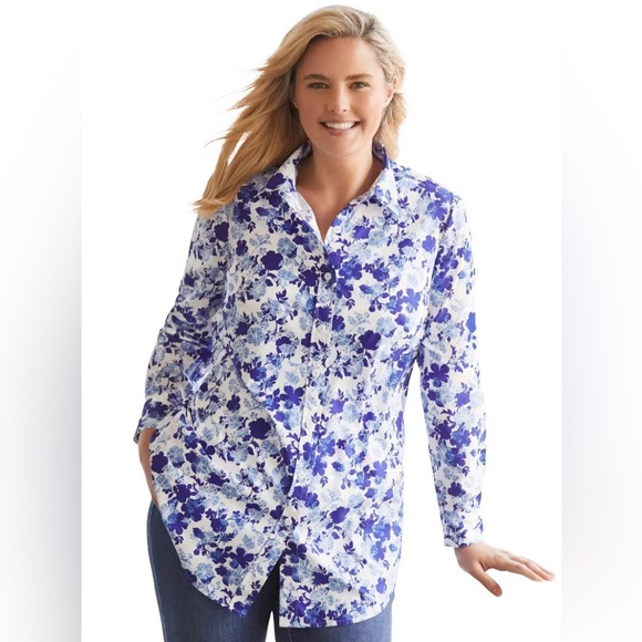 Woman Within Tops - NWOT Woman Within Perfect Long Sleeve Shirt  Plus - 3X, Ultra Blue Shadow Floral